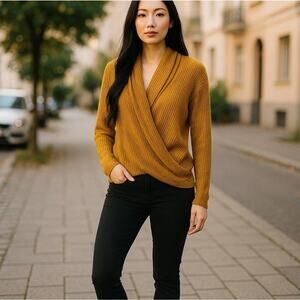 Anthropologie Akemi + Kin Knit Wrap Sweater Mustard Gold Size M Preowned